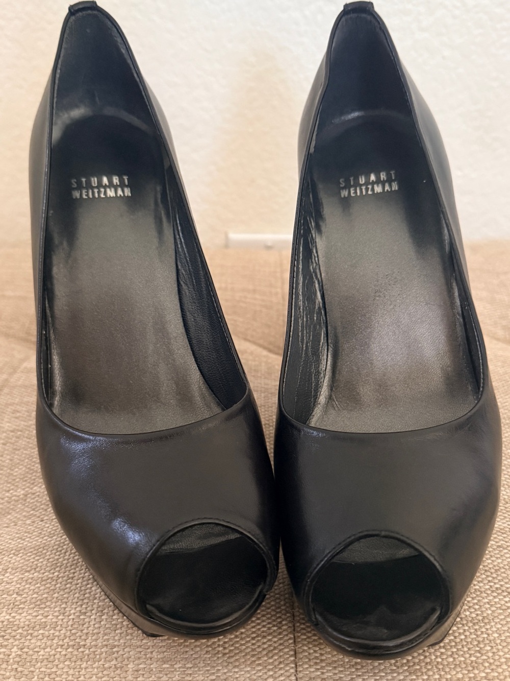 Stuart Weitzman Black Leather Peep-Toe Platform Stilettos - Picture 6 of 6